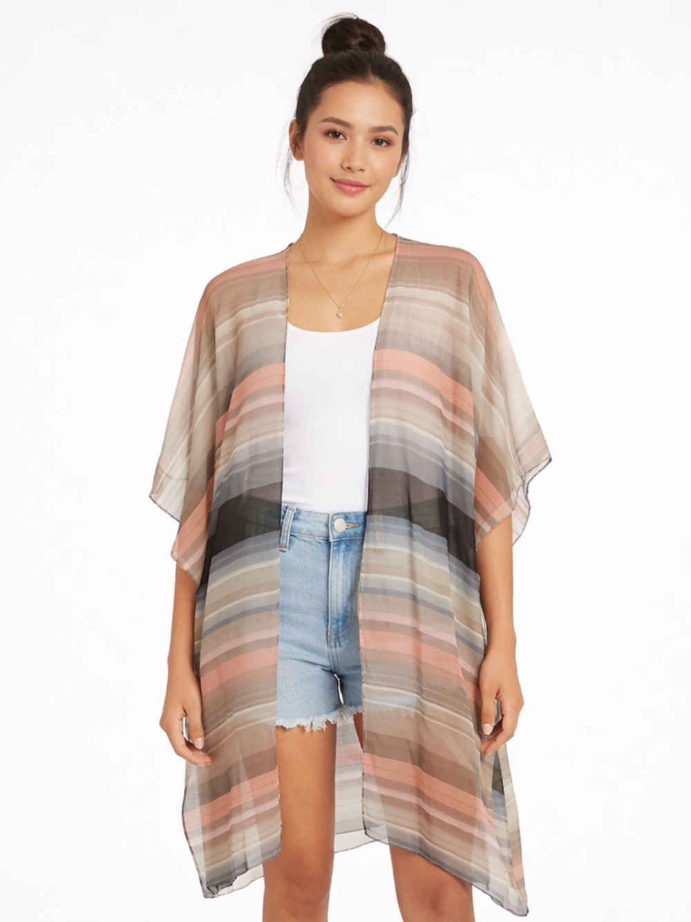 Cejon Sheer Striped Open Front Kimono Duster Cover Up OSFM